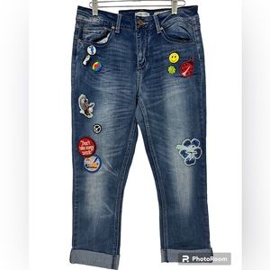 Índigo rein crop jeans with pins and patches size 11